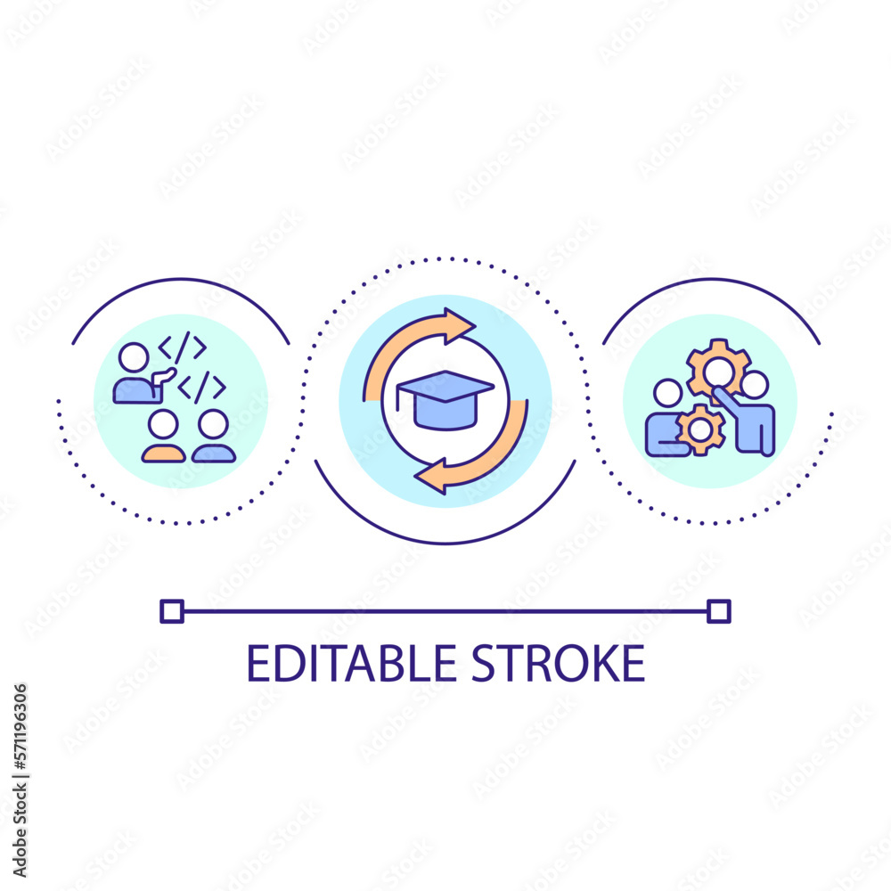IT education loop concept icon. Study programming languages. Skills and knowledge. Career development abstract idea thin line illustration. Isolated outline drawing. Editable stroke. Arial font used