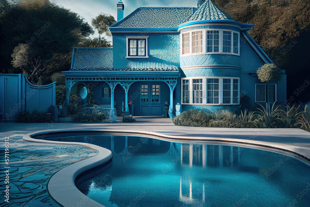 Elegant house with a pool, Generative AI