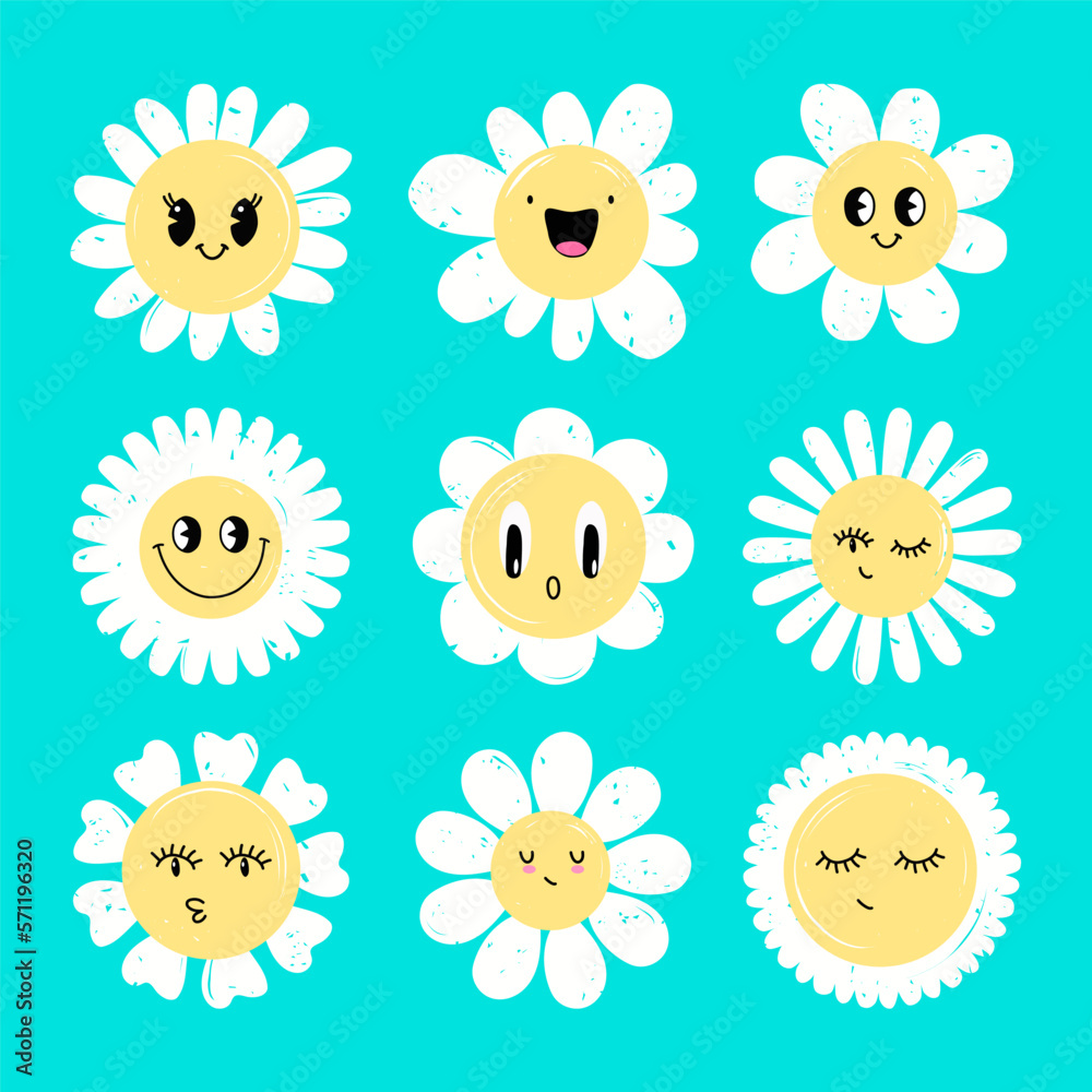 Daisy flowers set with cartoon funny smiling faces, cute chamomile characters. Kids logo design with happy emotions flowers.