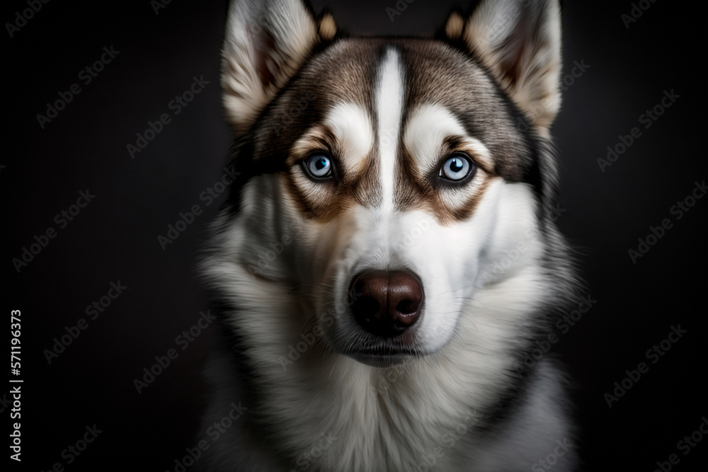Generative AI illustration of a Siberian husky dog with hazel eyes looking at camera against dark background