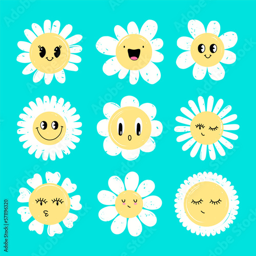 Daisy flowers set with cartoon funny smiling faces  cute chamomile characters. Kids logo design with happy emotions flowers.