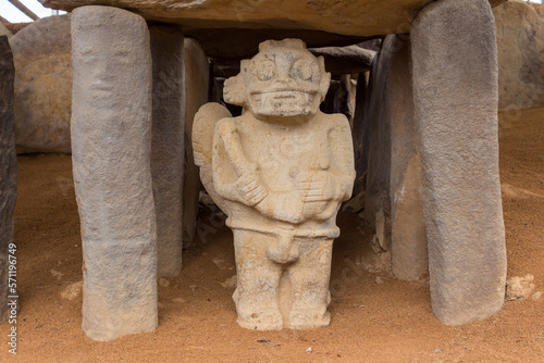 San Agustin (San Agustín), Huila, Colombia : pre-columbian megalithic sculptures in the archaeological park. Impressive megaliths carved with volcanic stone. Gardians of the dead resting in the tomb. photo