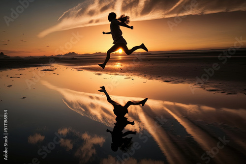 silhouette of a young girl soaring in a jump on the beach