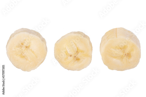 Fresh raw banana cut into pieces. Isolated on white background. © MM