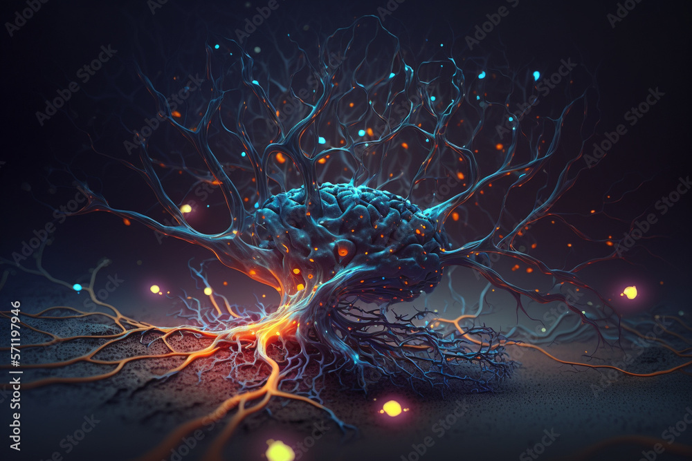 Neural network with glowing bioluminescence. The image represents the ...