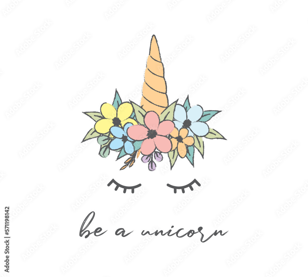 Cute unicorn head with flowers, vector design for fashion, poster and card prints