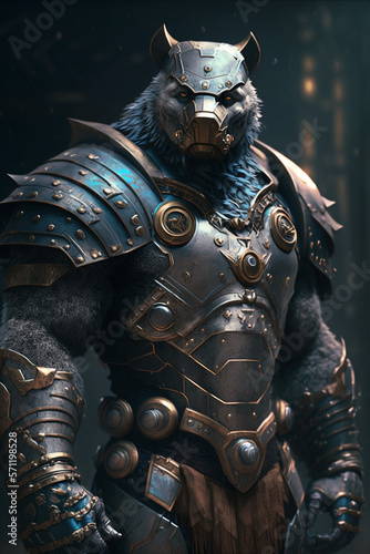 Anthropomorphic Bear Soldier Portrait with Ancient Stainless Steel Armor. Suitable for T-Shirt and Apparel Design, Generative Ai
