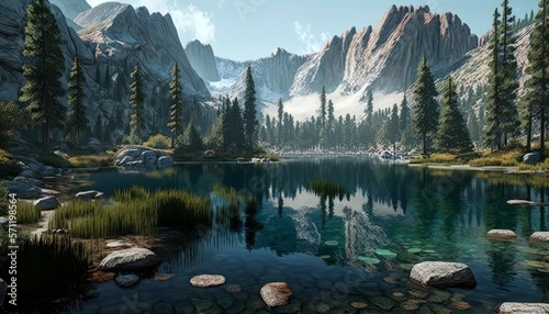 lake full of trees  beautiful mountain in the background  landscape in high definition