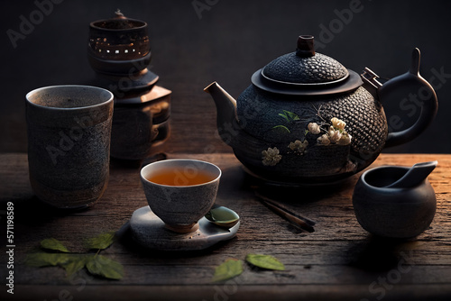 Traditional Japanese Green tea setup with beautiful lighting. Close-up details of ceramic tea pot and cups.Ai generated