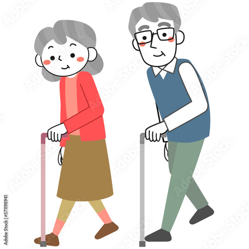 杖をついて歩くシニア女性とシニア男性