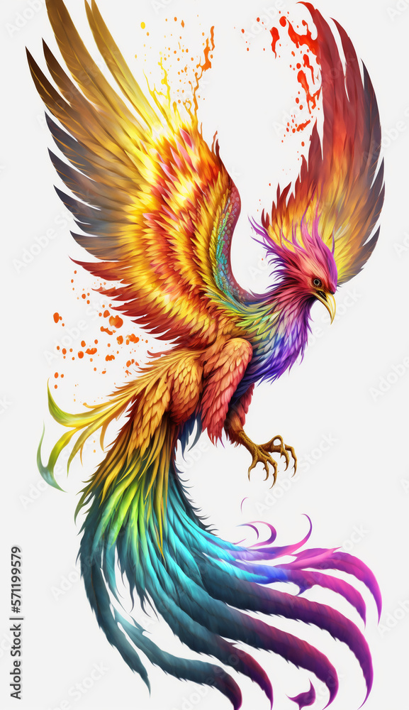 Obraz premium Phoenix Bird Golden Colorful Feather Generative AI