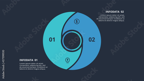 Circle dark infographic with 2 elements template for web on a black background, business, presentation. Vector