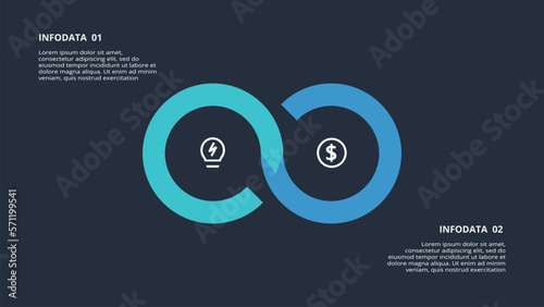 Circle dark infographic with 2 elements template for web on a black background, business, presentation. Vector