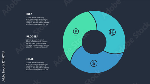 Circle dark infographic with 3 elements template for web on a black background, business, presentation. Vector