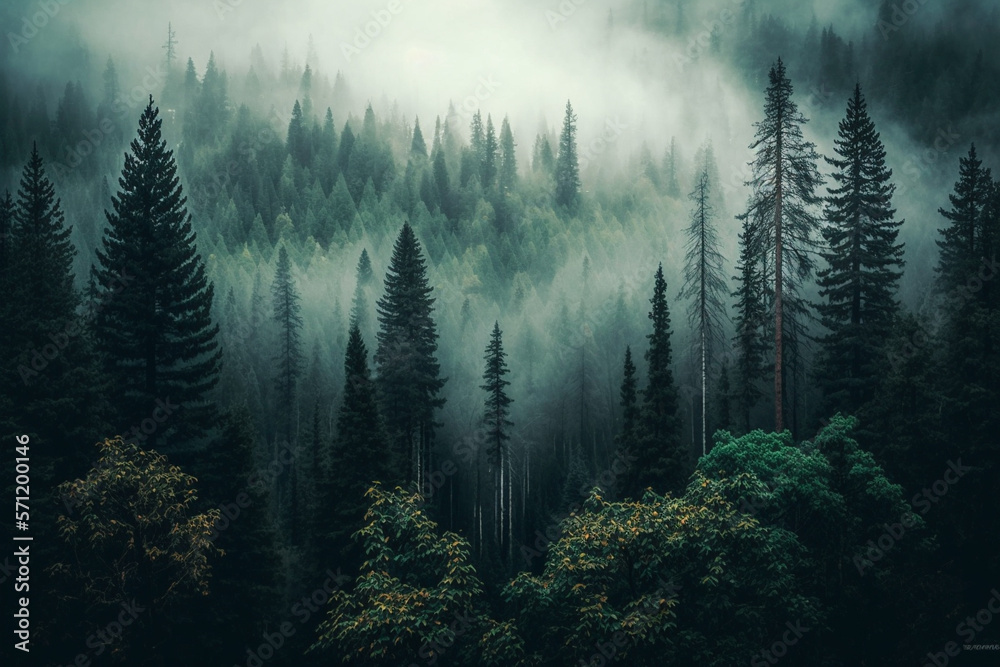 Foggy pine forest, featuring the beauty of the natural environment, suitable for banners, wallpapers, or brochures. Ai generated..