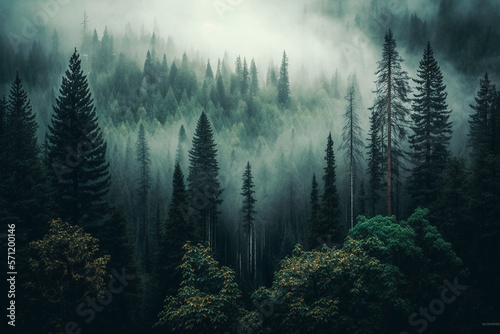 Foggy pine forest, featuring the beauty of the natural environment, suitable for banners, wallpapers, or brochures. Ai generated.. © twindesigner