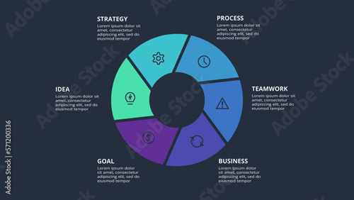Circle dark infographic with 6 elements template for web on a black background, business, presentation. Vector
