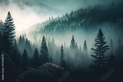 Foggy pine forest  featuring the beauty of the natural environment  suitable for banners  wallpapers  or brochures. Ai generated..