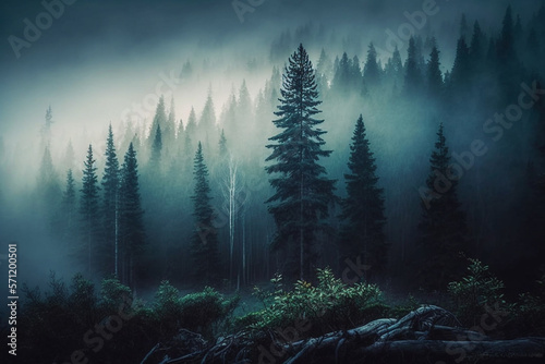 Foggy pine forest, featuring the beauty of the natural environment, suitable for banners, wallpapers, or brochures. Ai generated.. © twindesigner