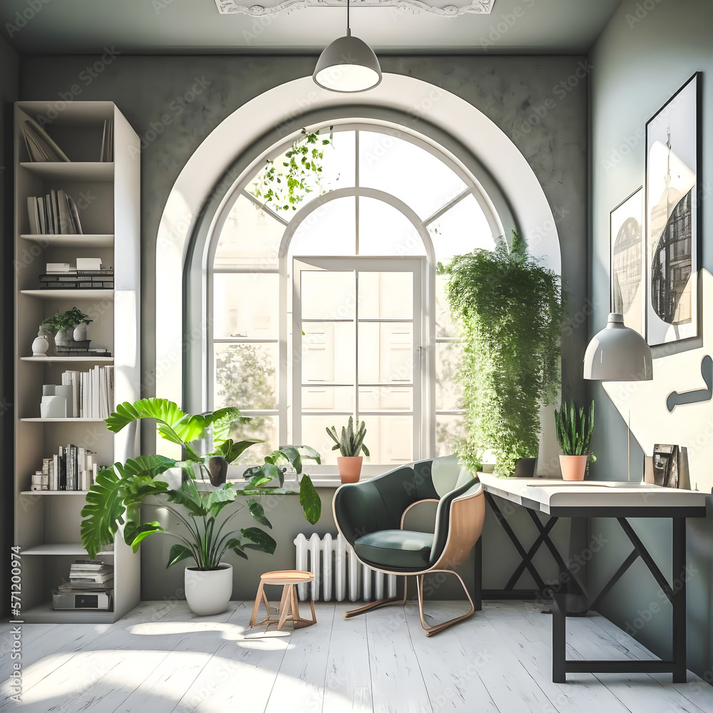 A modern living room clean lines, neutral colors & natural elements. Featuring a stunning natural plant as focal point, large windows for natural light & organic accents like wooden details & woven