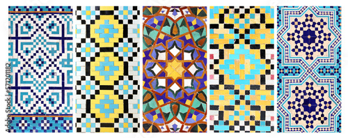 Set of vertical or horizontal banners with detail of ancient mosaic walls with floral and geometric ornaments