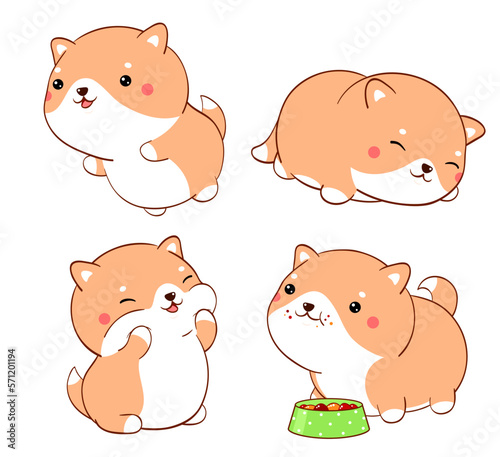 Set of cute fat dogs kawaii style. Collection of lovely little shiba inu puppy in different poses. Can be used for t-shirt print, stickers, greeting card design. Vector illustration EPS8