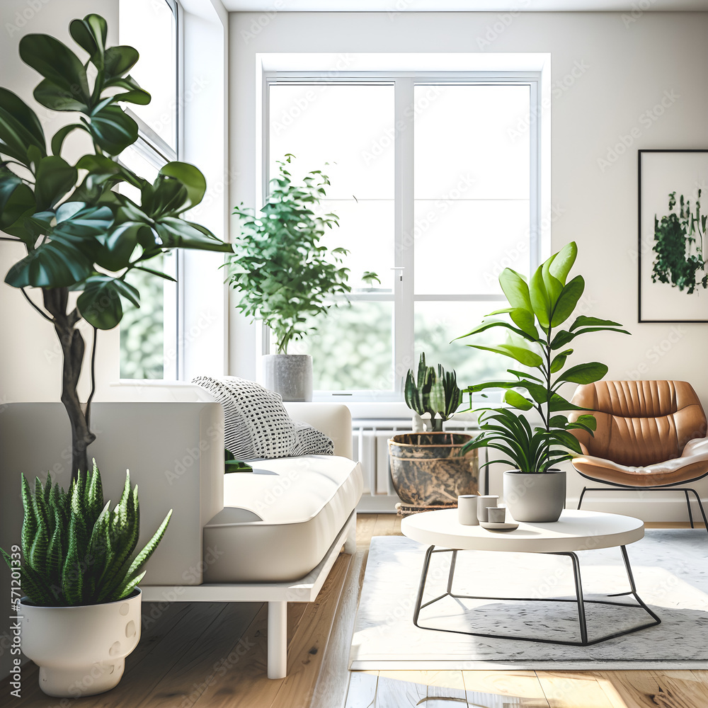 A modern living room clean lines, neutral colors & natural elements. Featuring a stunning natural plant as focal point, large windows for natural light & organic accents like wooden details & woven A modern living room clean lines, neutral colors & natural elements. Featuring a stunning natural plant as focal point, large windows for natural light & organic accents like wooden details & woven