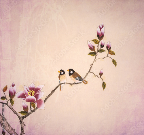 Traditional Chinese painting of flowers and two birds on tree