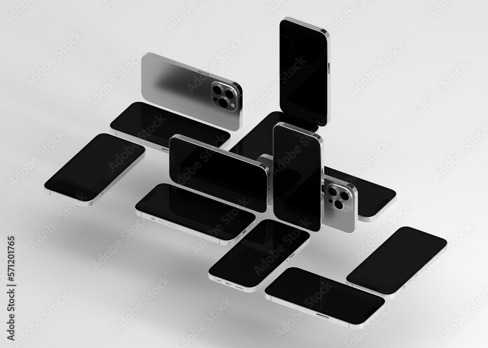 Obraz premium Array of iPhone mockups in 3D on studio background. Positioned in various angles.