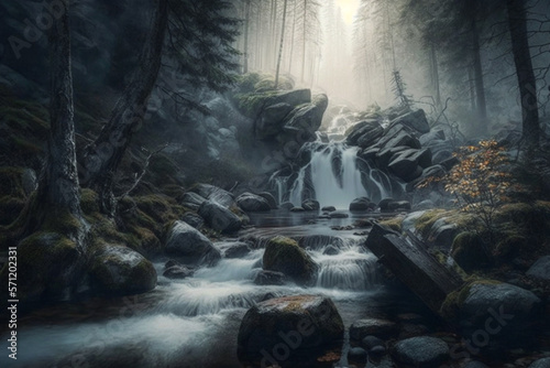 Waterfall in a forest with mist and fog  creating a beautiful and serene landscape. Ai generated