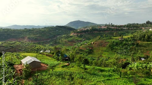 Drone video of lush valley in the mountains of Rwanda. photo