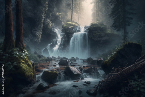 Waterfall in a forest with mist and fog  creating a beautiful and serene landscape. Ai generated