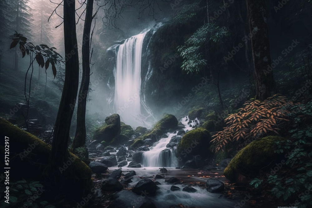 Waterfall in a forest with mist and fog, creating a beautiful and serene landscape. Ai generated