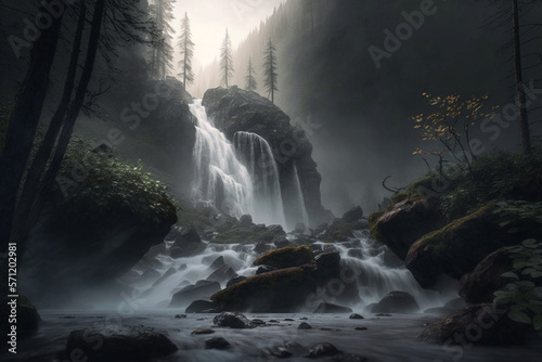 Waterfall in a forest with mist and fog  creating a beautiful and serene landscape. Ai generated