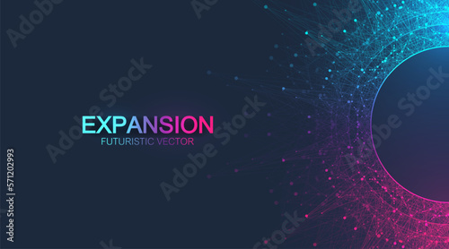 Expansion of life. Colorful explosion background with connected line and dots, wave flow. Visualization Quantum technology. Abstract graphic background explosion, motion burst, vector illustration