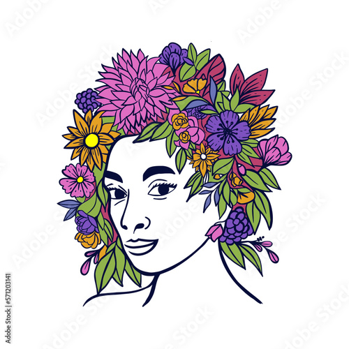 Beauty African Woman with Bloom Flower in Her Head