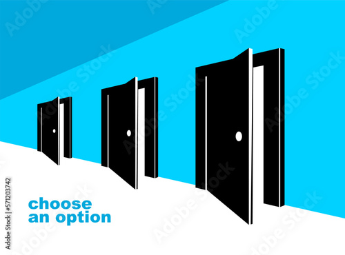 Different doors half open symbolizes diversity of variants and choosing alternate options vector illustration 3d modern poster style.