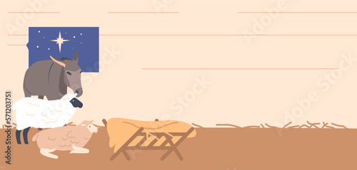 Christmas Eve Scene Barn Filled With Farm Animals, Livestock Donkey And Sheep Gathered Around Manger Filled With Hay