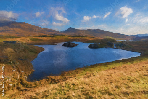 Digital painting of Llyn y Dywarchen, and Snowdon in the Snowdonia National Park, Wales.