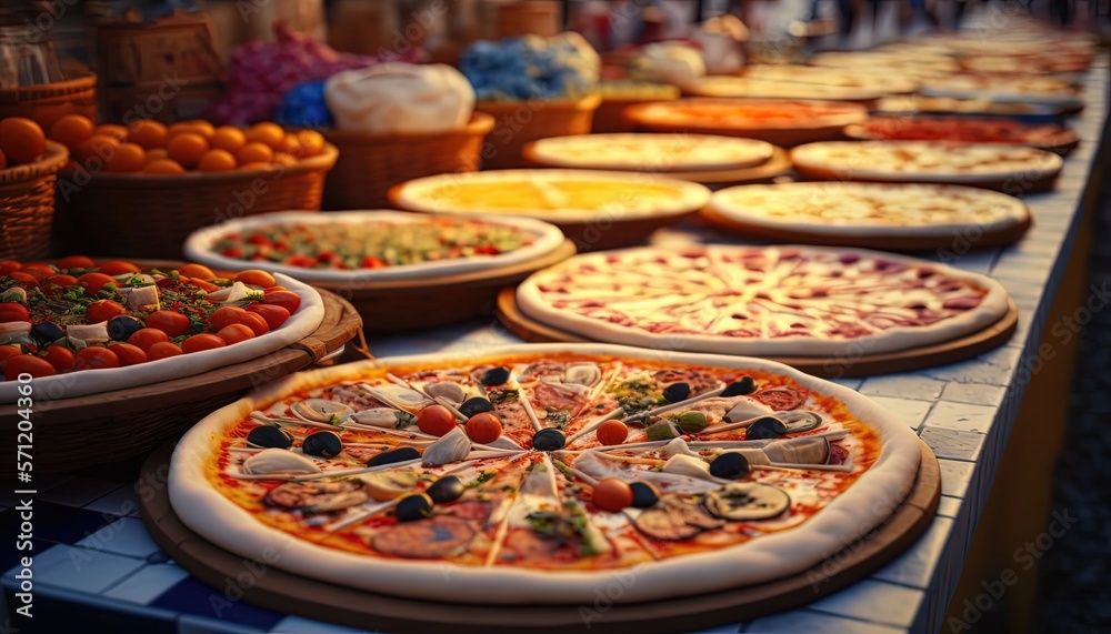many topping type of pizza on desk, street stall , street food in market place with people walking pass by, Generative Ai
