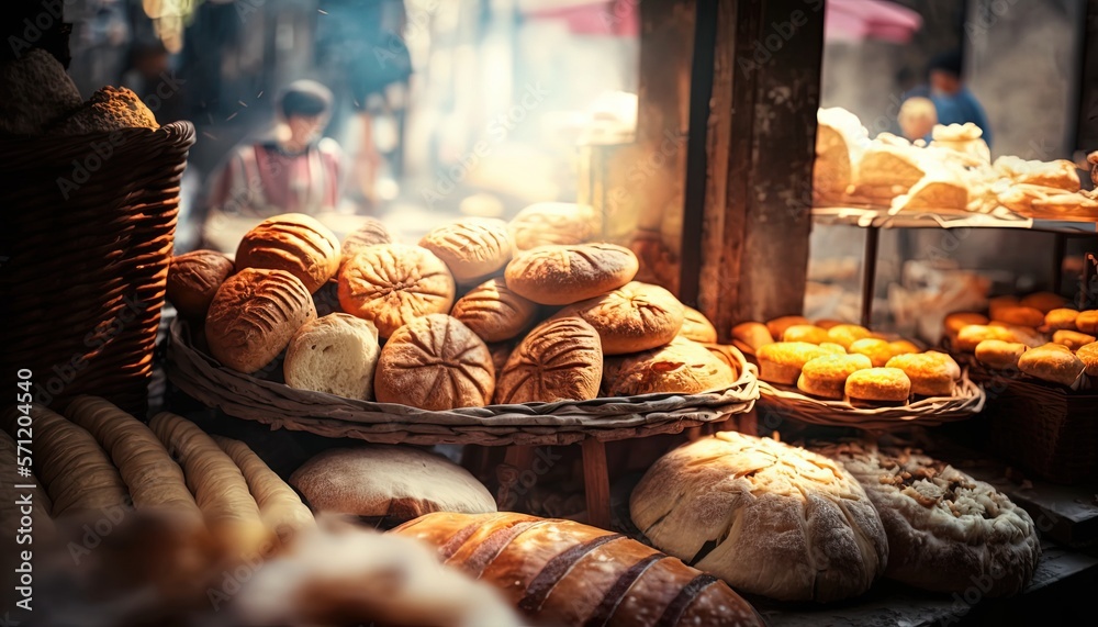 farmer market stall selling many kind of bread, idea for local SME business vendor support theme, Generative Ai farmer market stall selling many kind of bread, idea for local SME business vendor support theme, Generative Ai