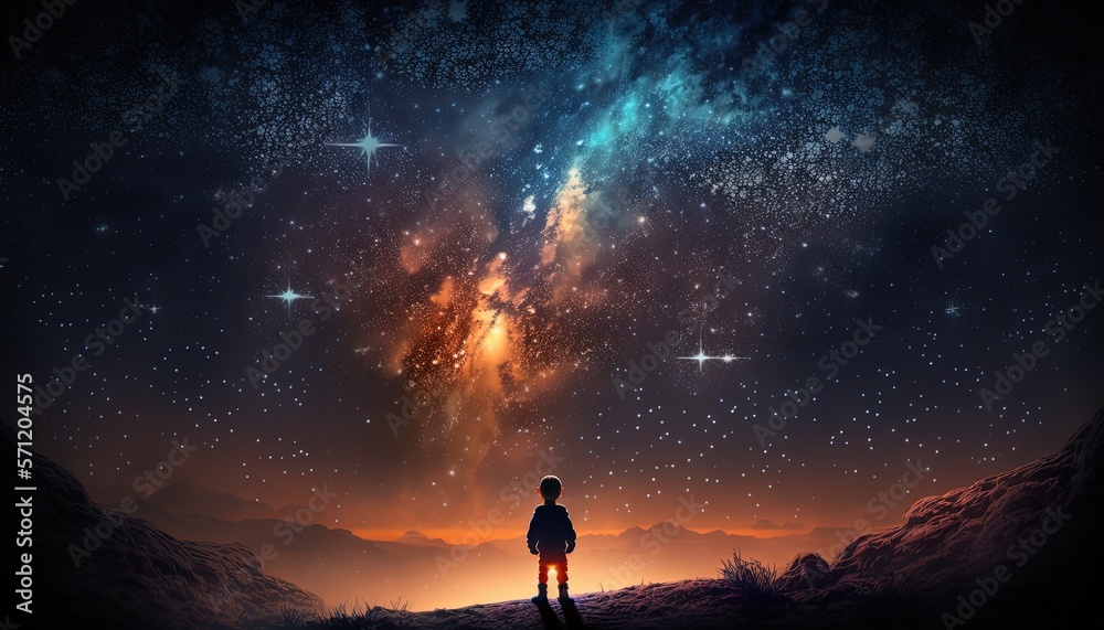 Fototapeta premium illustration of a boy looking at night starry sky with glitter glow galaxy flicker above, idea for prayer of hope, love, peace theme, Generative Ai