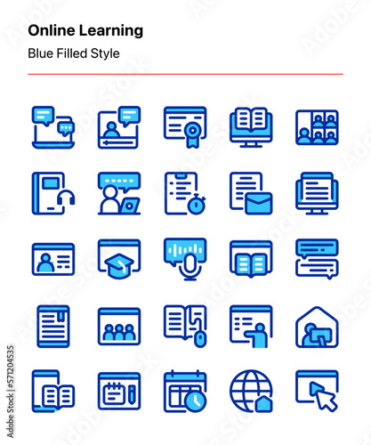Customizable set of online learning icons for app and website interfaces, institutions, courses and tutorials, presentations, ads anad marketing, product catalogs, business, graphic design, etc
