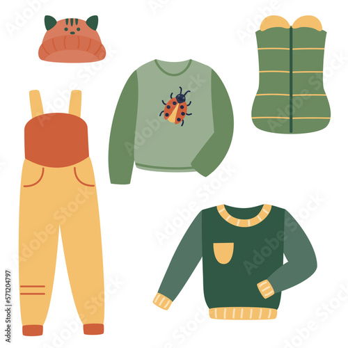 A set of warm clothes - a vest, a hat, sweaters, a kombenizon. Vector illustration of stylized things in cartoon style. Isolated on a white background.