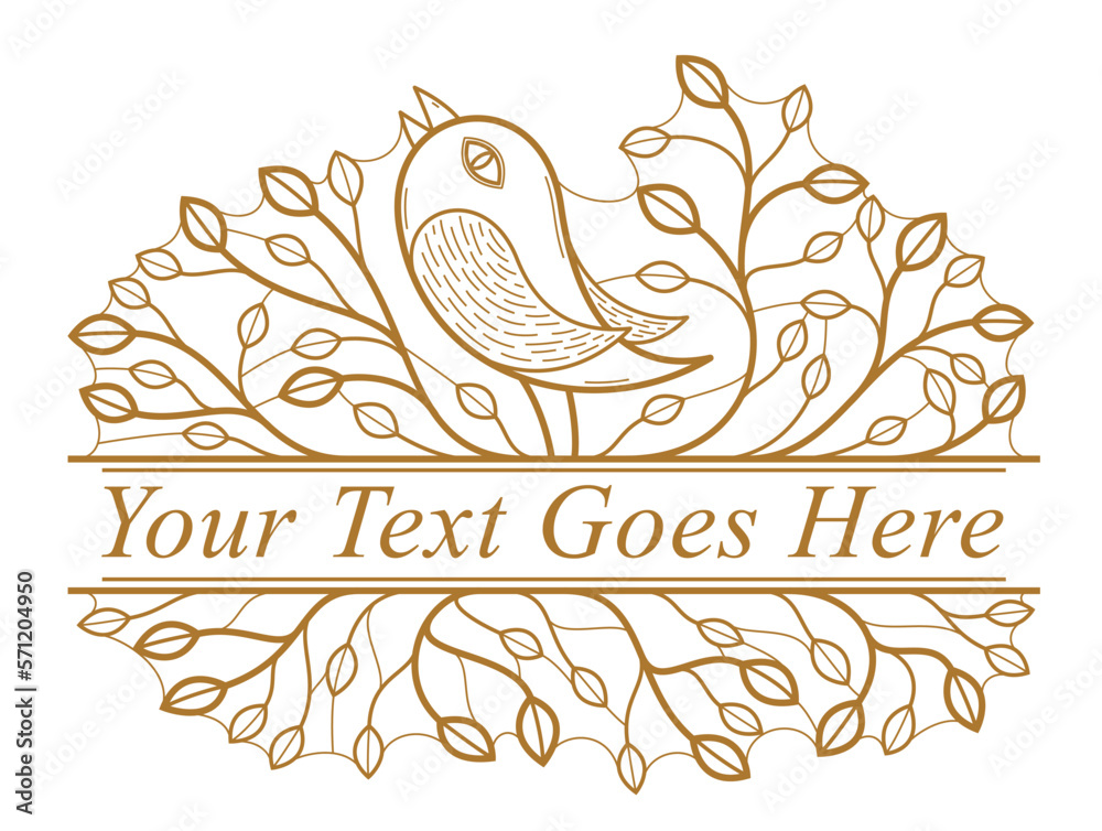 Bird on a branch floral vector design with leaves isolated over white, classical elegant fashion style banner or text divider for design, luxury vintage linear emblem or frame element.