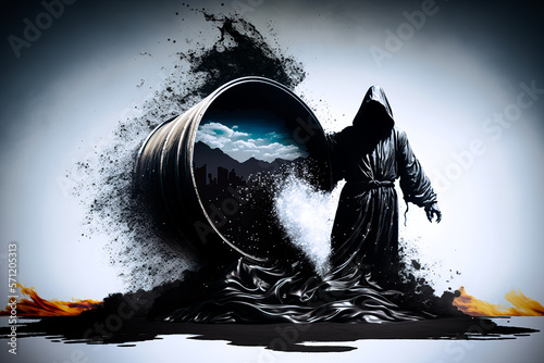 concept of grim reaper emerging from oil barrel