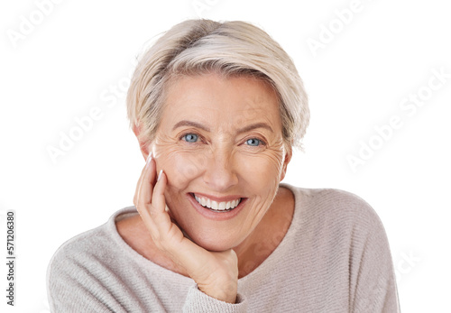 A happy senior woman or elderly model with healthy teeth giving a smile on a headshot. Dental, wellness and cosmetic surgery for elderly women to stay beautiful isolated on a png background.