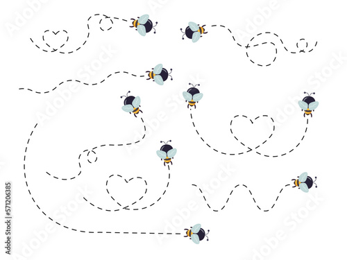 Bee flying on a dotted route. Cute bee character set. Vector illustration isolated on the white background