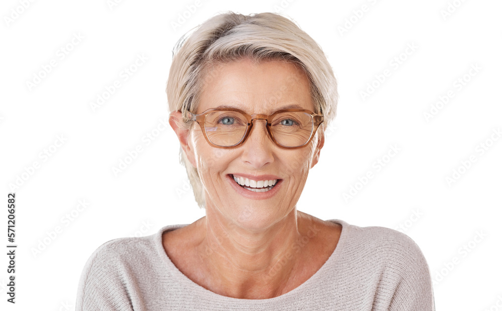 A beautiful caucasian mature woman wearing glasses with her bright natural looking dentures isolated on a png background.