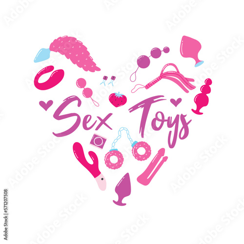 Sex toys. Poster for sex shop. Toys for adults. Heart print for an adult store. Vibrators, vaginal beads, whip, butt plugs. Vector illustration.